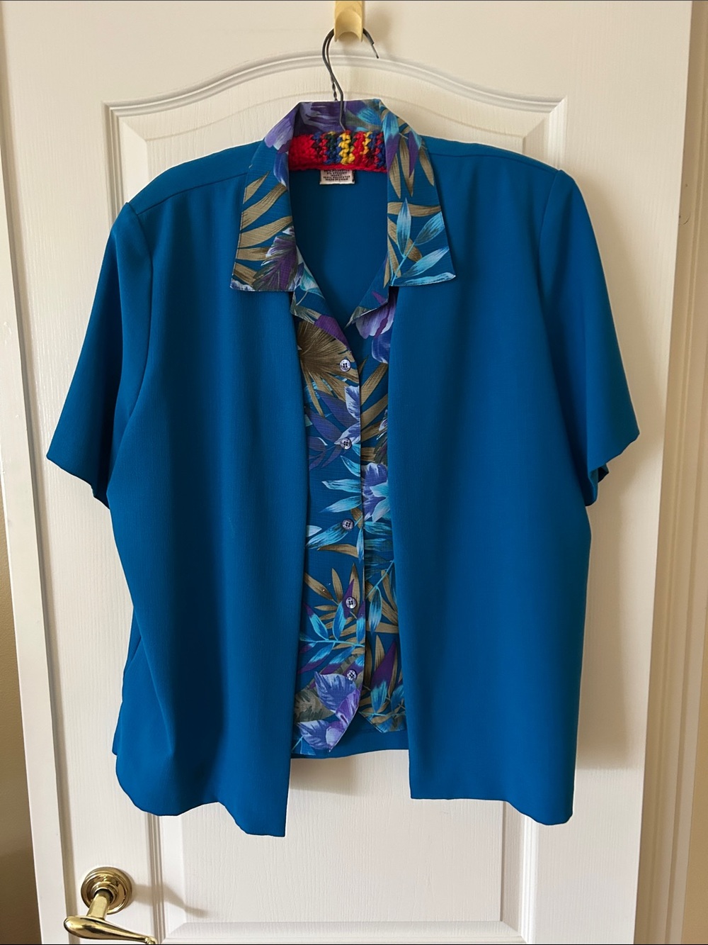 Allison Daley Teal Short-Sleeve Camp Shirt with Tropical Placket